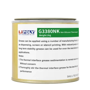 G3380NK是具有熱傳導係數：4.5 W/m*K的非矽型導熱膏，無低分子矽氧烷揮發，不會造成電器接點故障，適合光學產品或敏感的電子原件使用，具有極低熱阻和良好的導熱性，已廣泛用於消費電子產品和微處理器的熱控制技術，當組件的溫度升高，潤滑脂的粘性會降低，可以潤濕界面元件