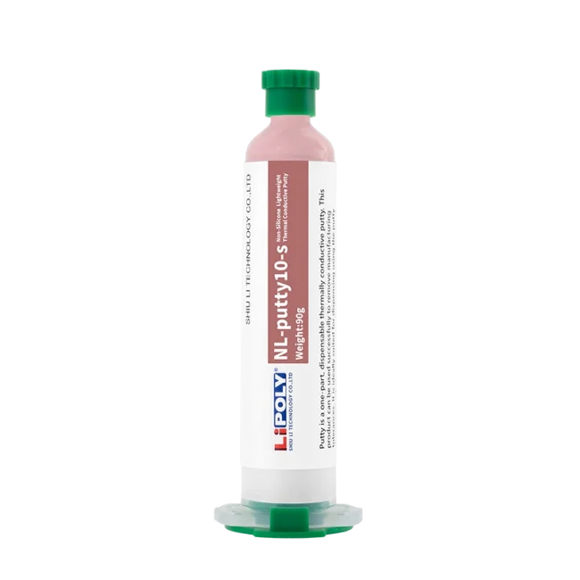 NL-putty10-s是一種非矽型低密度的凝膠填縫材料。低密度、輕量化特性，可為產品提高其性能、降低生產成本及減少材料的使用和能源消耗等，常被應用在電子產品及汽車電子設備上。產品導熱係數 10.0 W/m*K，非矽型特性無低分子矽氧烷揮發，不會造成電器接點故障。具有高變形量，可靈活性的適配間隙，兼具公差補償特性.可克服溢流乾凅問題, 提高熱傳導，適合自動化點膠生產。