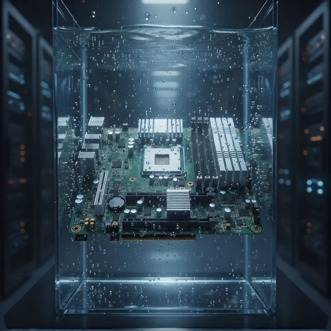 浸沒式冷卻技術(Immersion cooling)將電子設備完全浸泡在不導電的冷卻液中，看似能夠直接散熱，但冷卻液導熱係數遠低於金屬散熱鰭片。僅靠液體對流無法有效處理電子元件產生的集中熱量。導熱墊片能填補元件與散熱結構間的微觀縫隙，提供更高導熱性的熱傳導路徑，克服邊界層限制，並替代易溶解的傳統導熱膏，確保浸沒式系統達到最佳散熱效率。