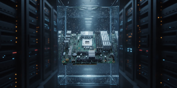 浸沒式冷卻技術(Immersion cooling)將電子設備完全浸泡在不導電的冷卻液中，看似能夠直接散熱，但冷卻液導熱係數遠低於金屬散熱鰭片。僅靠液體對流無法有效處理電子元件產生的集中熱量。導熱墊片能填補元件與散熱結構間的微觀縫隙，提供更高導熱性的熱傳導路徑，克服邊界層限制，並替代易溶解的傳統導熱膏，確保浸沒式系統達到最佳散熱效率。